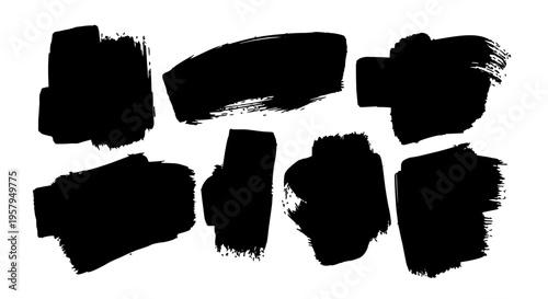 Brushstrokes black grunge set with rough textured blocks, irregular shapes and abstract marks featuring artistic, paint, strokes with brush and