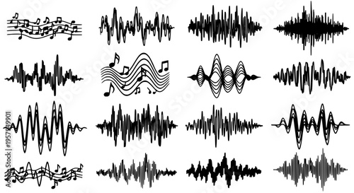 Sound waves vector set with musical notes and various line patterns, black and white audio waveforms.