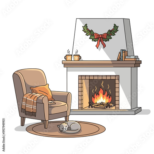 Cozy armchair by fireplace with sleeping cat and Christmas wreath, warm home atmosphere