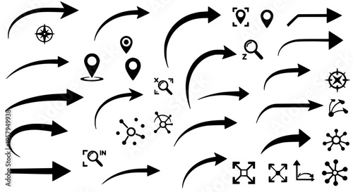 Arrows hand drawn set with black curved lines and direction icons, navigation symbols and pointers. featuring vector, graphic resources, signs with
