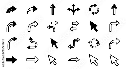 Arrows icon set with black curved lines and cursor pointers for navigation and direction featuring arrowheads, vector graphics, signs with symbols
