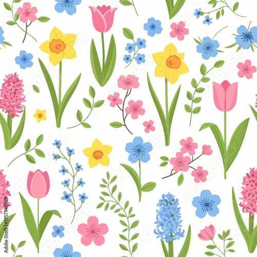 Seamless Pattern: Spring Flowers - Tulips, Daffodils, Hyacinths, Forget-Me-Nots, Cherry Blossoms