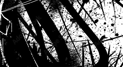 Brush stroke grunge with black splatters and scratches on white background featuring abstract, artistic, messy with chaotic and textured elements for