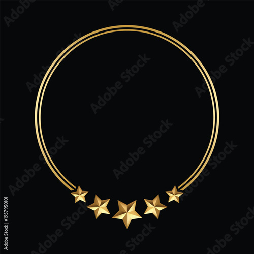 Elegant gold circular frame with decorative stars isolated on black background. Luxury round border perfect for invitations wedding design branding logos social media templates and festive composition