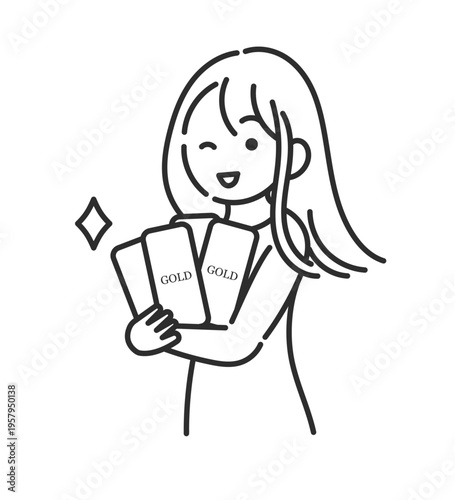 ゴールドバーを抱えウィンクする女性のイラスト　線画のみ