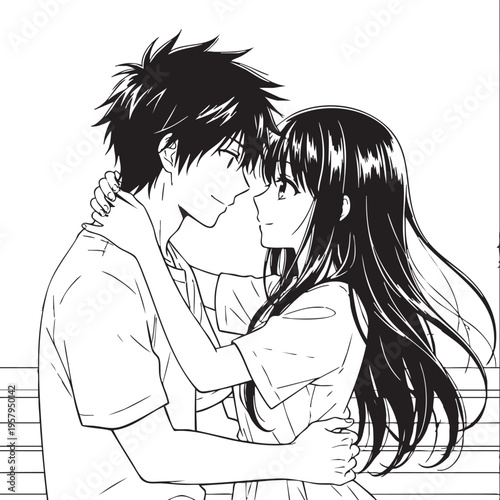 Black and white manga style couple embracing vector illustration