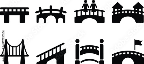 Bridge icons collection, architectural crossing structures set, suspension arch pedestrian symbols, infrastructure illustration, isolated vector transport connection design elements