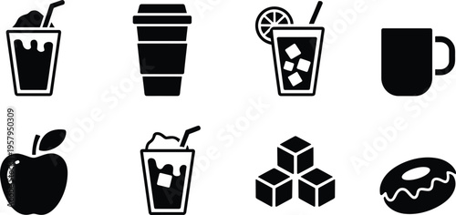 Food and drink icons collection, beverage coffee juice apple dessert symbols, refreshment illustration set, isolated vector nutrition snack elements design