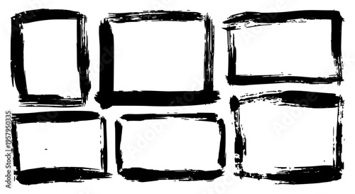 Frames hand drawn set with black brush strokes and rectangular shapes for photo or text featuring artistic illustration, graphic design elements,