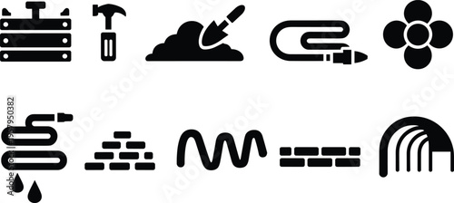 Construction tools and materials icons collection, building equipment set, repair work illustration, isolated vector symbols, industrial elements, handyman bundle design