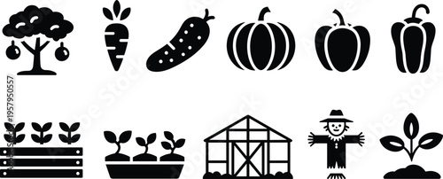 gardening agriculture icon set, farm vegetables plants collection, greenhouse scarecrow tools symbols organic farming vector black silhouette design style