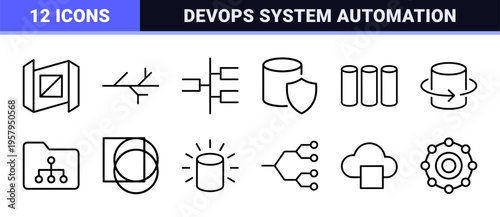Infrastructure as code and cloud computing ultra minimalist monoline geometric line art representing devops and server architecture.