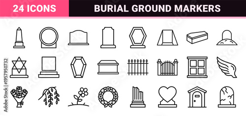 Cemetery gravestones and memorial markers Minimalist monoline vector line art for gothic designs and architectural landscaping.
