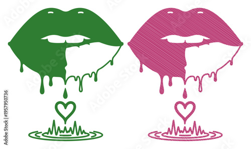 Two stylized lips with dripping paint forming hearts above abstract soundwaves
