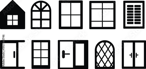 Door window icons set, house entrance frames glass panels symbols vector illustration modern home architecture design collection