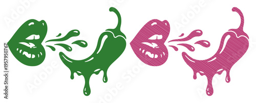 Vibrant lips blowing spicy chili peppers with dripping sauce, representing heat and flavor.