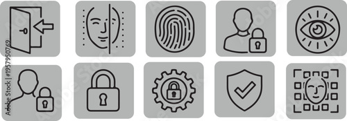 Authentication & Security Outline Icon Set – Login, Face ID, Fingerprint, User, Lock, Verification & Privacy Icons