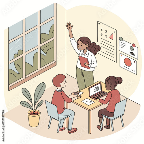 A teacher and two students in a classroom