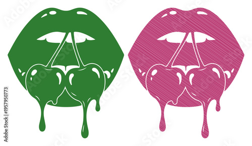 Juicy lips with dripping cherries, a vibrant and playful design