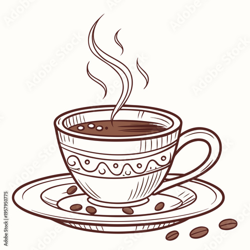 A cup of coffee on a saucer with coffee beans