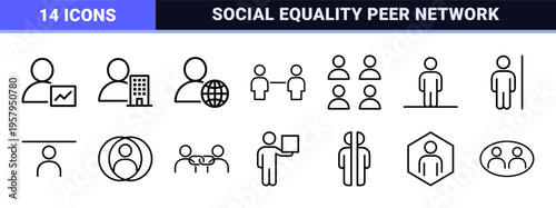 Minimalist outline human resources and equality peer connection symbols with strict monoline geometric design for corporate concepts.