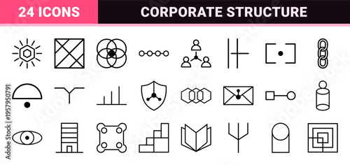 Ultra minimalist monoline geometric line art representing corporate networking team hierarchy and business communication node structures.