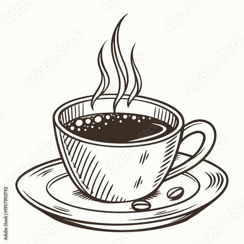 A cup of coffee on a saucer with steam rising