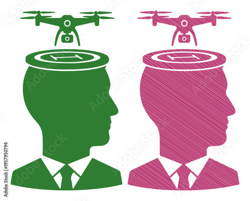 Two stylized heads with drones hovering above, representing innovative thought and technology