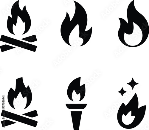 Fire flame icons set, campfire torch blaze symbol collection, black silhouette heat burn energy danger emergency vector illustration design