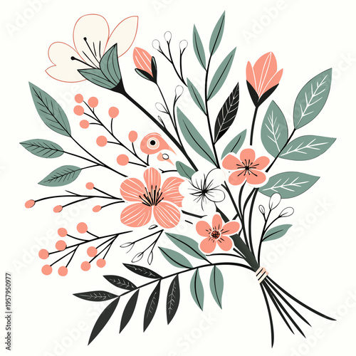 A bouquet of flowers and leaves in pastel colors