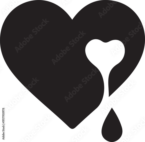 A minimalist black and white graphic icon depicting a stylized heart shape with a dripping effect