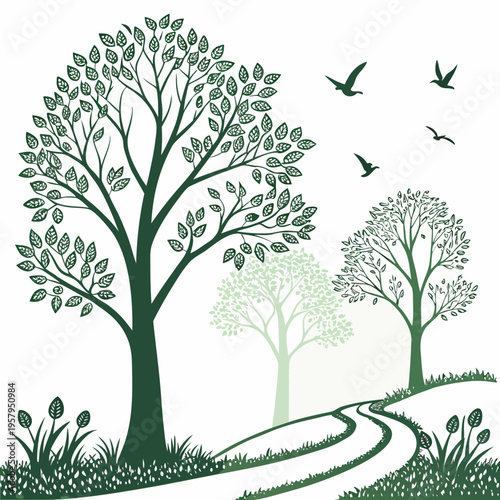 A scenic landscape with trees and birds flying overhead