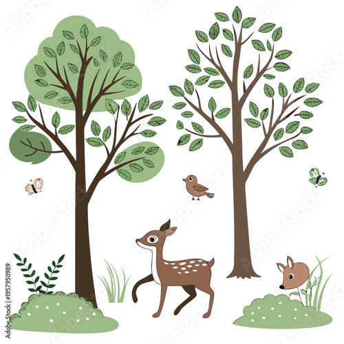 A deer and a fawn in a forest with trees and a bird