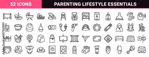 Minimalist Monoline Baby Gear Icon Set Featuring Geometric Line Art Strollers Prams and Nursery Essentials for Modern Parenting Interfaces