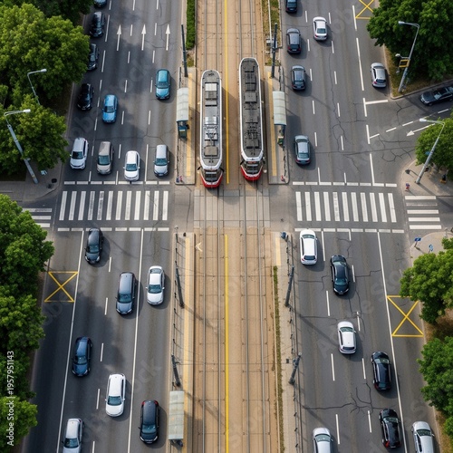 Urban Aerial View Of Trams And Traffic On City Streets