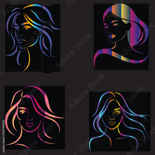 Female Face Line Art Set, Neon Gradient, Abstract Colorful Woman Portrait Vector Illustration.
