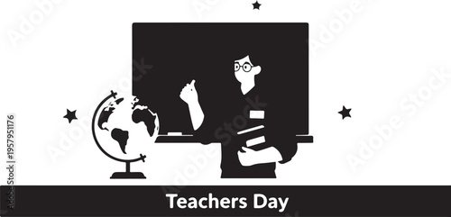 A minimalist black and white graphic illustration featuring a teacher standing at a blackboard