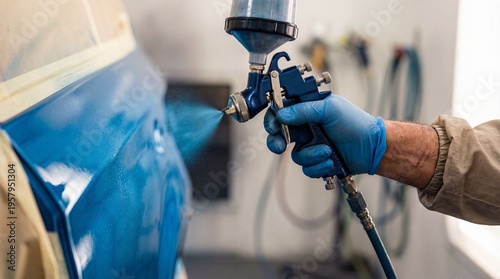 Professional auto painter spraying blue automotive paint onto a car panel with a spray gun and gloved hand in a paint booth. Specialist refinishing work in an automotive refinishing workshop and auto