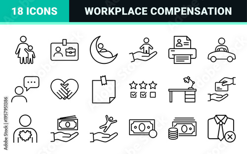 Corporate Employee Benefits and Wellness Program Minimalist Monoline Line Art Set for Human Resources and Workplace Compensation Design.