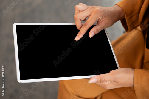 Hand Using Tablet Mockup Blank Screen Closeup