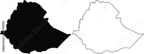 A high contrast illustration featuring the silhouette and outline map of the country of ethiopia Vector