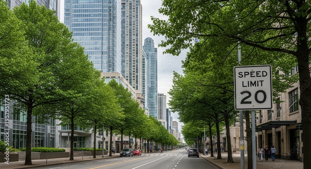 Fototapeta premium Urban Avenue Lined With Trees And Skyscrapers