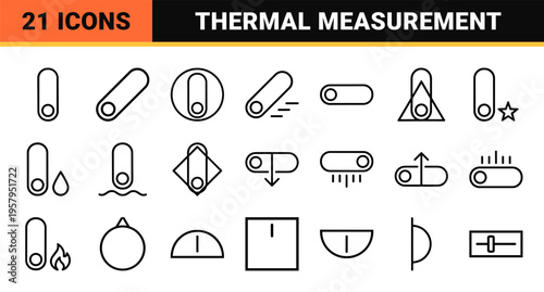 Minimalist monoline geometric outline thermometer and temperature measurement symbols for weather and medical thermal tracking.
