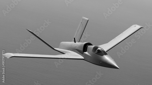 Close view of a military jet  over the Pacific ocean, in beautiful light