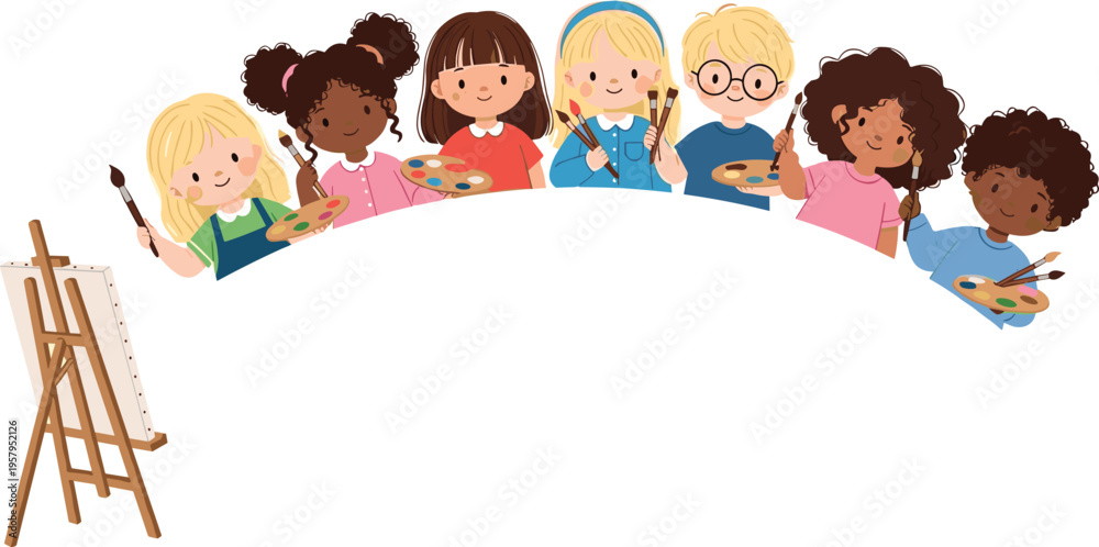 Naklejka premium Diverse Cartoon Kids Painting at Art Easel, Creative Fun and Artistic Learning Illustration for Children