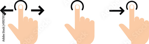 Three graphical icons showing hand gesture instructions for swiping and touching on touch screens Vector