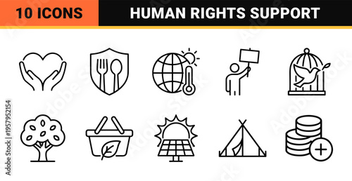 Minimalist Monoline Social Issues Icon Set featuring Geometric Line Art for Human Rights, Equality, and Global Sustainability Advocacy.