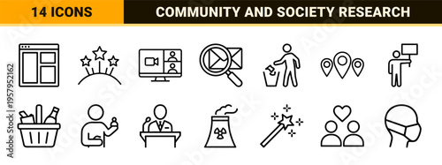 Sociology and Social Sciences Research Icon Set Featuring Minimalist Monoline Symbols for Human Interaction and Community Dynamics