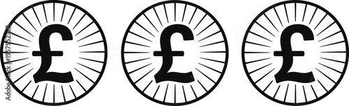 Three black and white circular icons featuring the british pound sterling symbol for finance concepts Vector