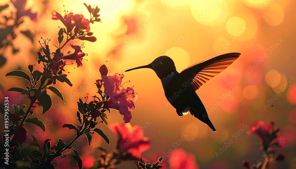 Obraz premium Hummingbird Silhouette Feeding on Pink Flowers at Sunset.